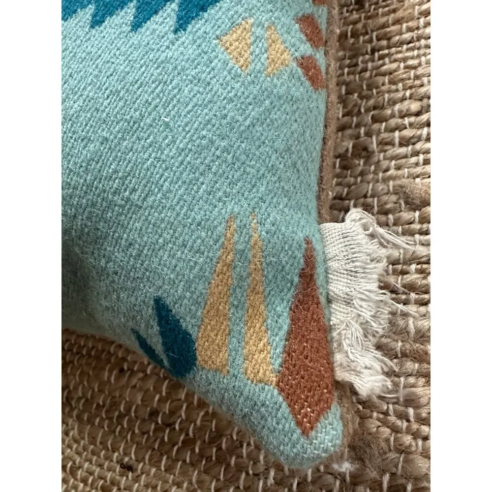 Vintage Rancho Arroyo Aqua Wool Pillow Southwestern throw blue beige 16x13”